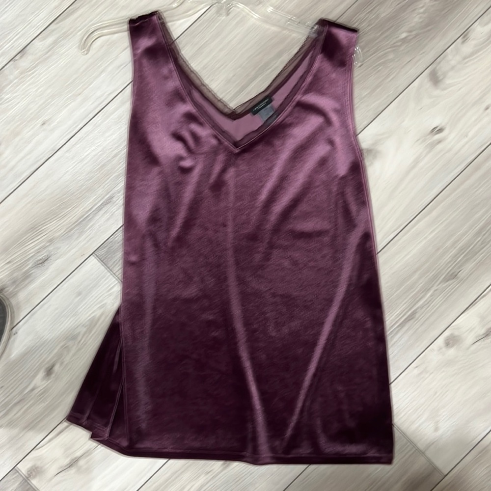 Ann Taylor Factory luxurious velvet like deep purple shell with tiny lace edge